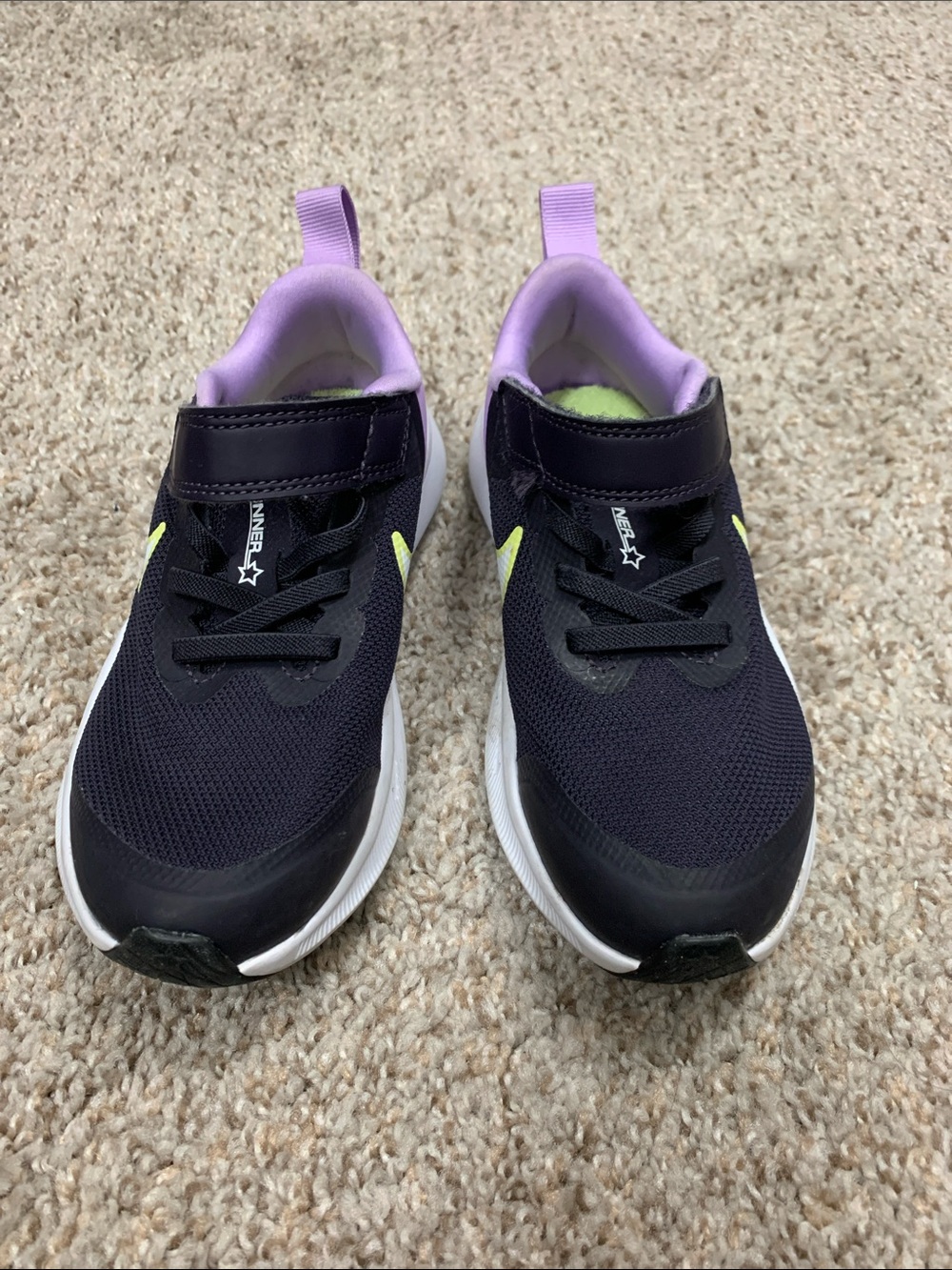 Nike Kids Black Sneakers with Purple and Neon Yellow Accents